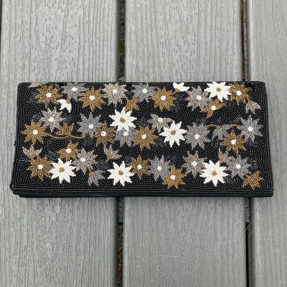 Black floral beaded clutch, fairycore boho chic bohemian whimsigoth